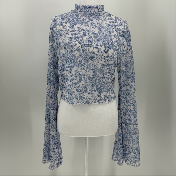 Source Unknown Tops - Sheer Blue Floral Cropped Mesh Top Bell Sleeves Coquette Cottagecore Blouse